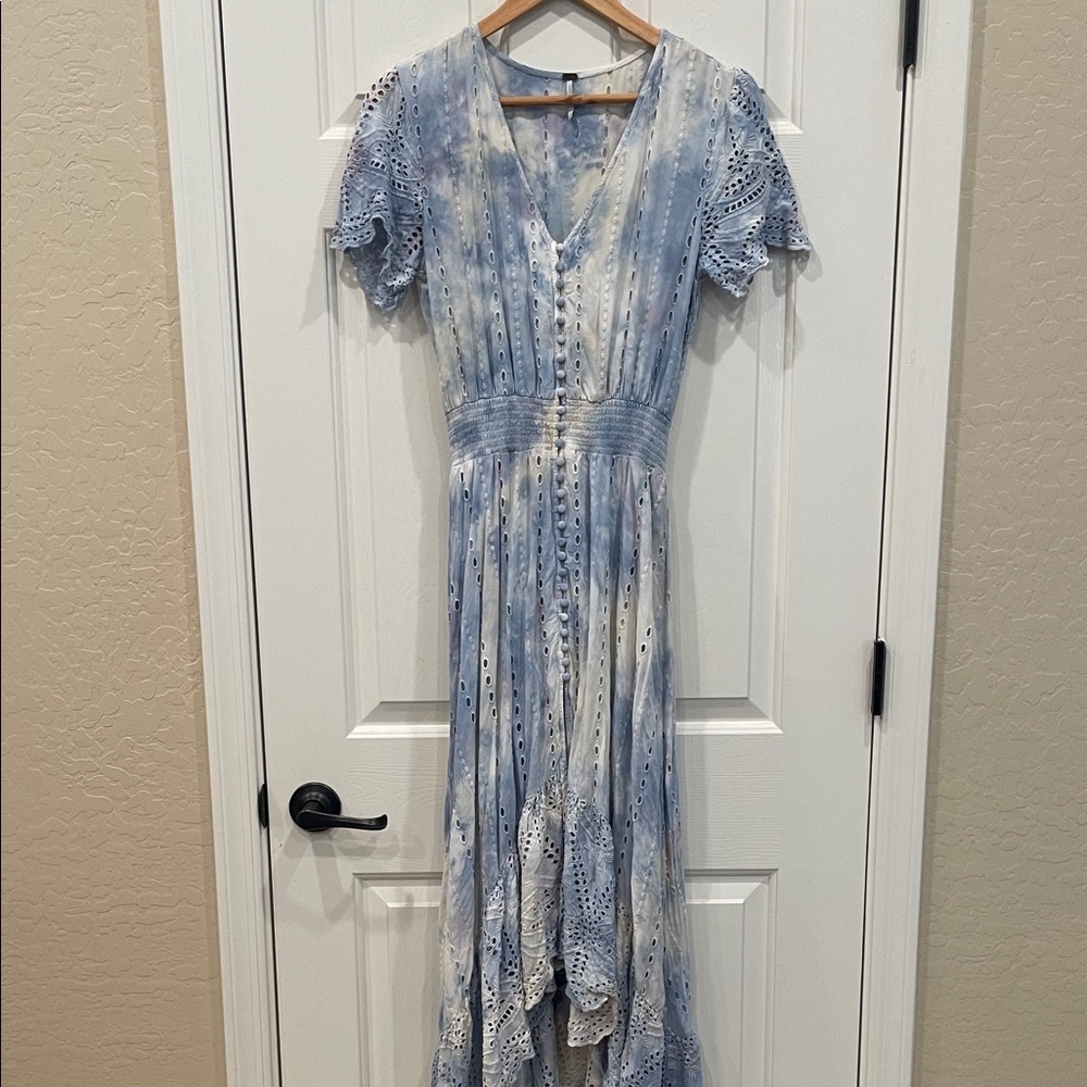 Chic Blue High Low Dress with Lace Accents